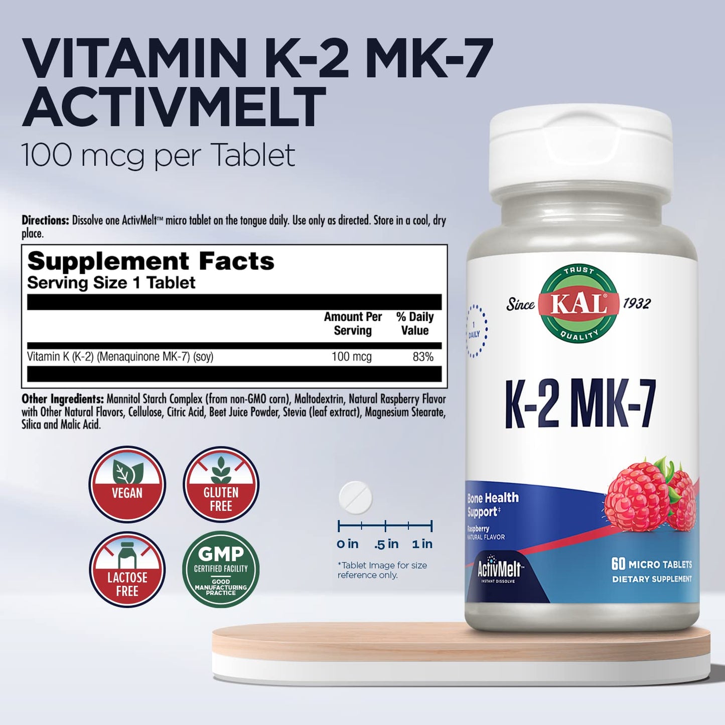 KAL Vitamin K2 MK7 ActivMelt 100 mcg Lozenges 60 Count