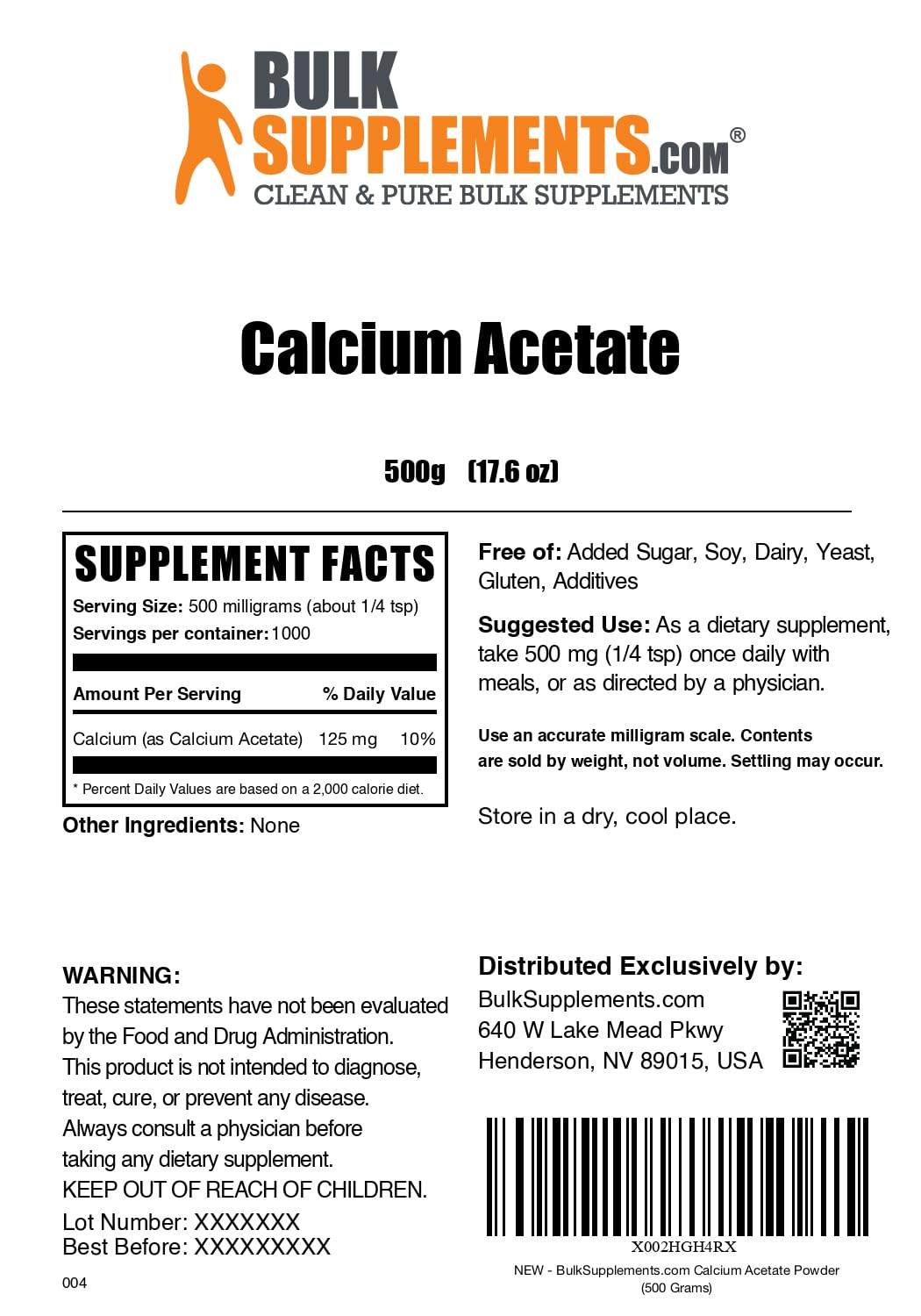 BulkSupplements Calcium Acetate Powder 17.6 oz