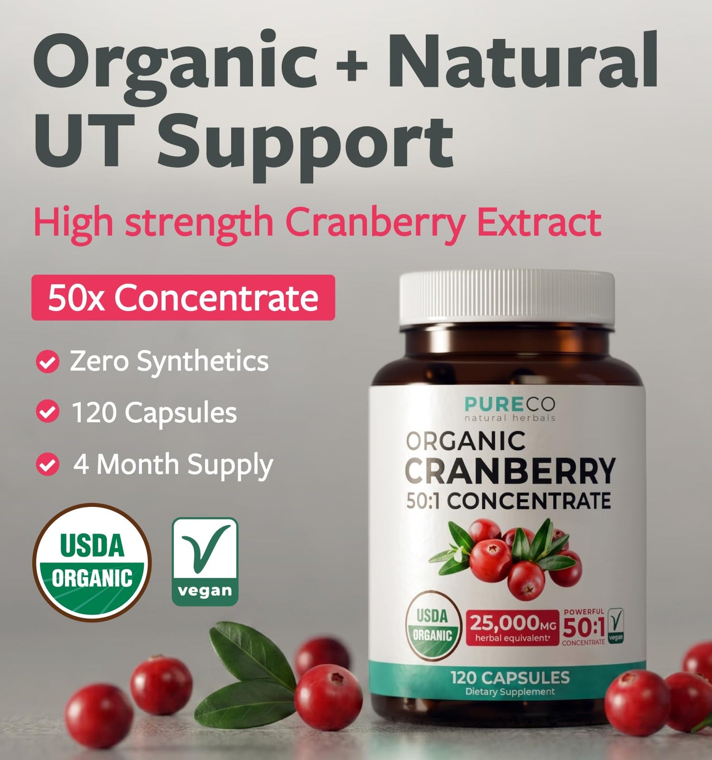 PURE CO Organic Cranberry Pills for Women 500mg Cranberry Concentrate Capsules, 120 Count