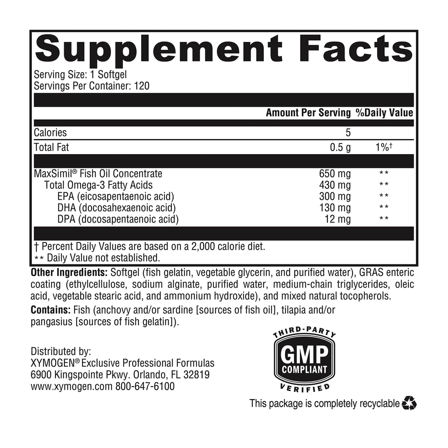 XYMOGEN Omega MonoPure 650 EC - Heart & Brain Support - DHA & EPA Omega-3 Fish Oil - Monoglyceride High Absorption Softgels 120