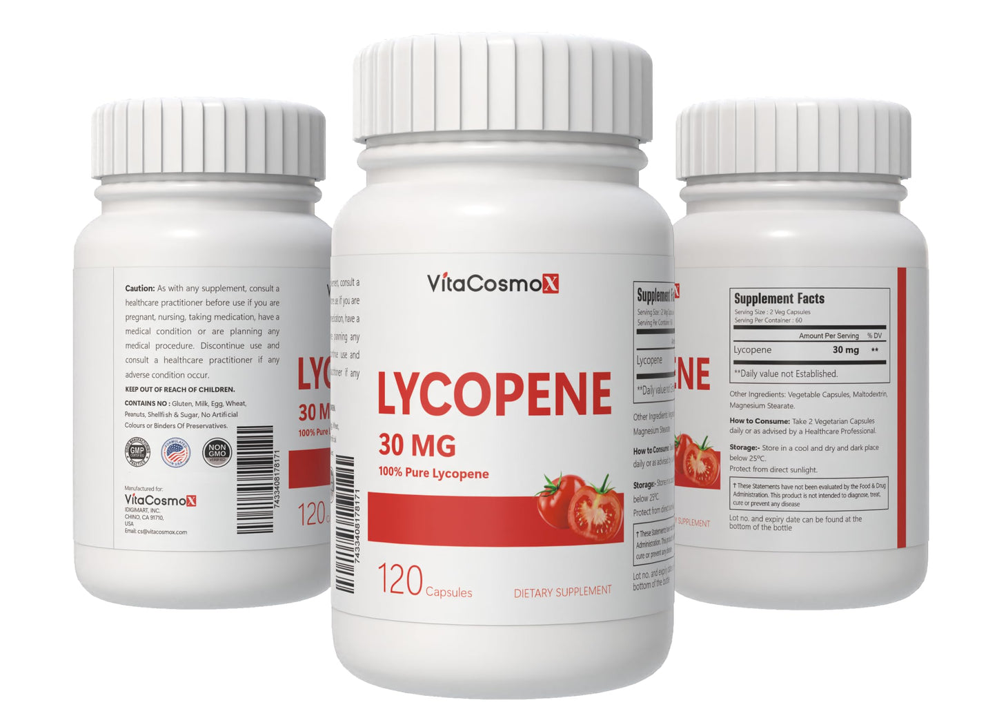 VitaCosmoX Lycopene Supplement 30mg Capsules, 120 Count