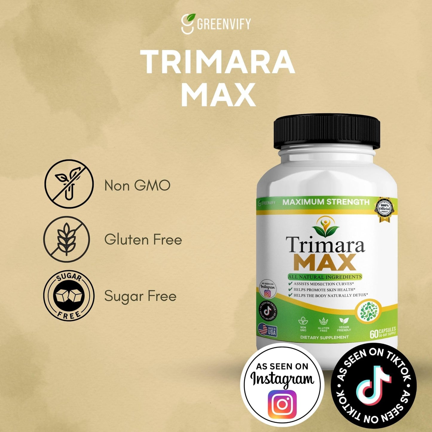 GREENVIFY Trimara Max Maximum Strength Natural Dietary Supplement Capsules, 60 Capsules