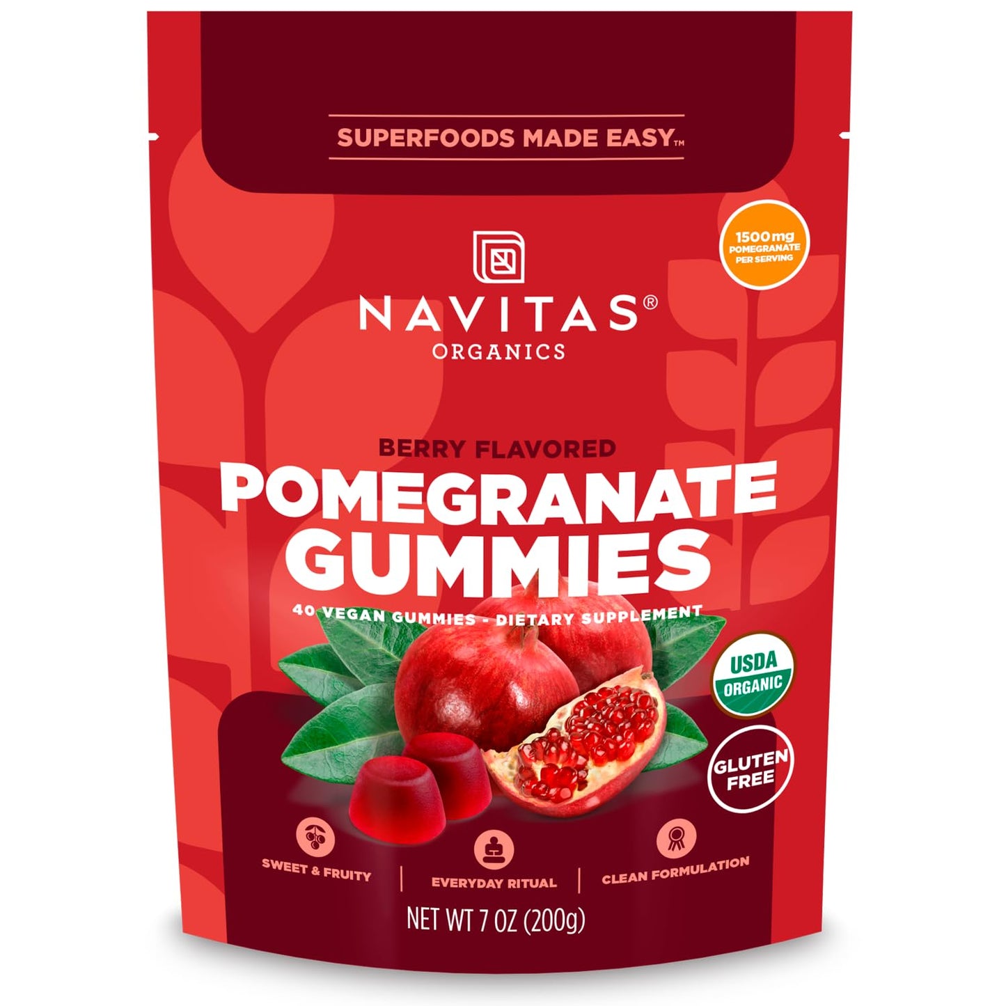 Navitas Organics Gummies Berry Flavored Pomegranate – 1500mg Pomegranate Per Serving – Inner Radiance – 40 Count