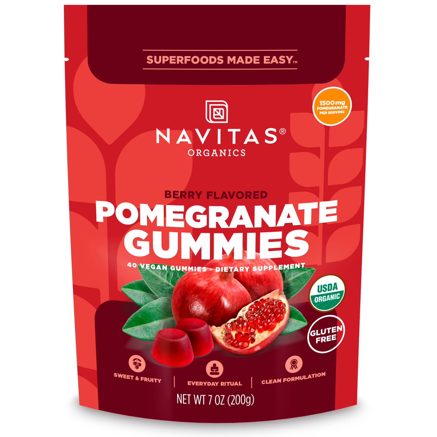 Navitas Organics Gummies Berry Flavored Pomegranate – 1500mg Pomegranate Per Serving – Inner Radiance – 40 Count