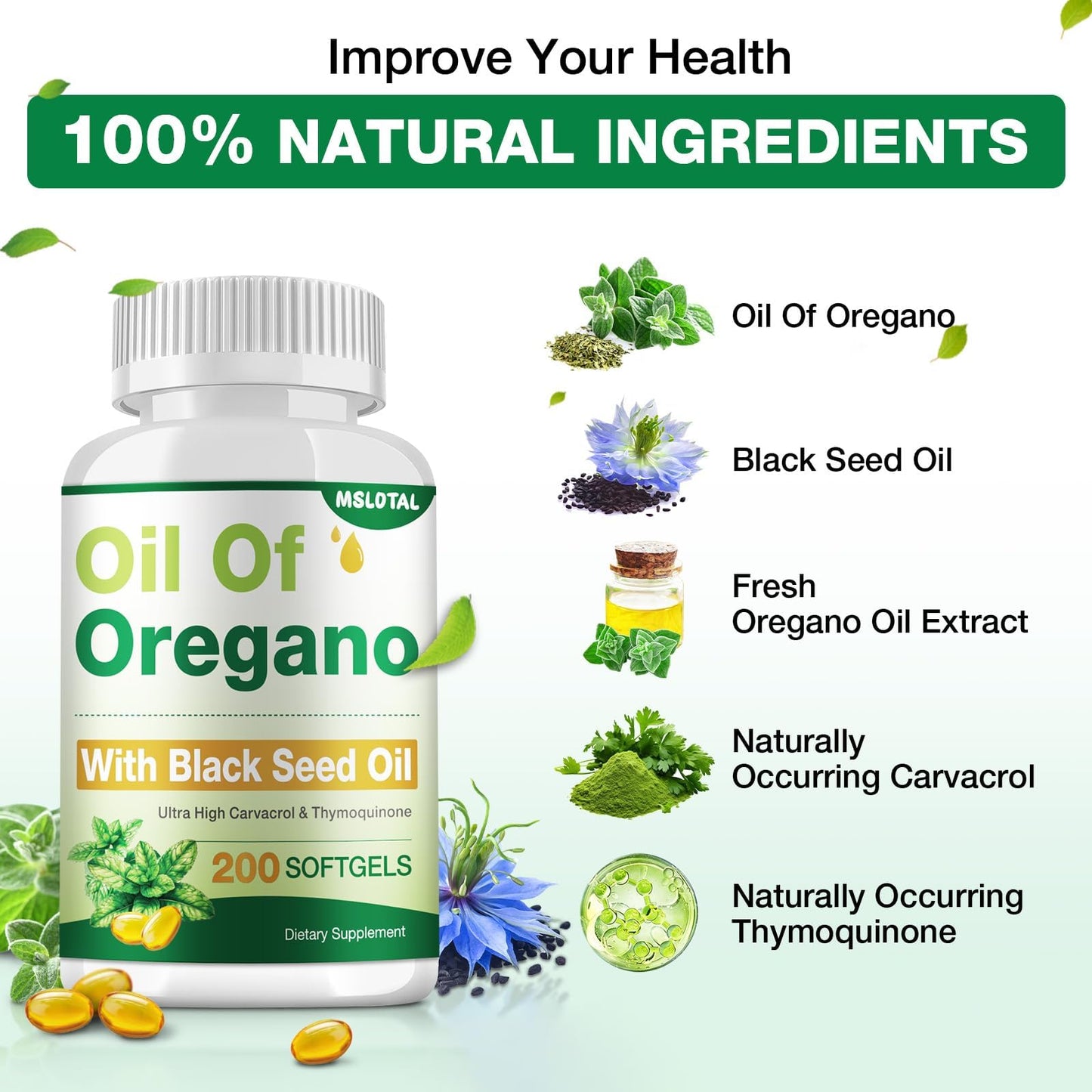 MSLOTAL Oil of Oregano with Black Seed Oil Softgels, 200 Count