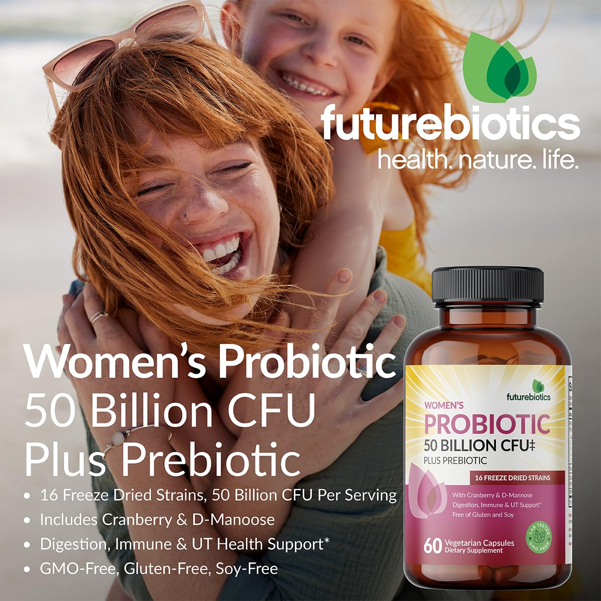 Futurebiotics Women's Probiotic 50 Billion CFU + Prebiotic with Cranberry & D-Mannose, Digestion Immune and Urinary Tract Support, Non-GMO, 60 Capsules