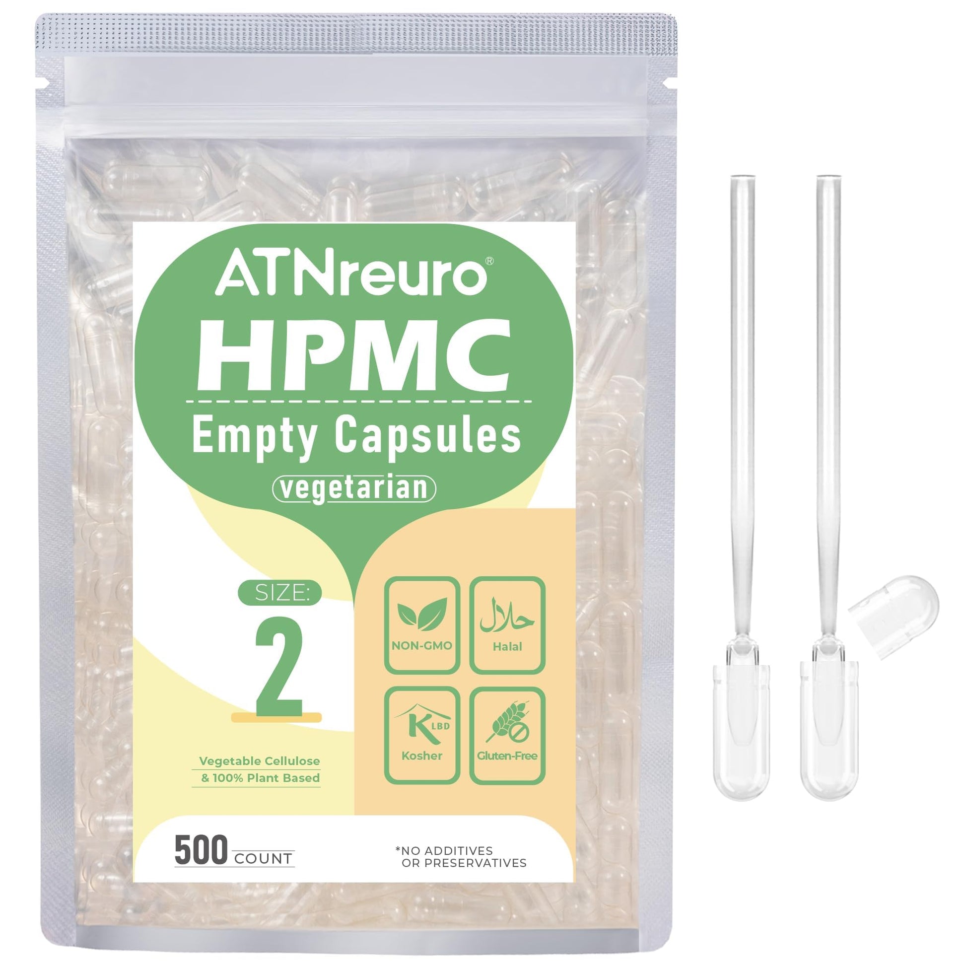 ATNreuro Empty Vegan Capsules Size 2, 500 Count