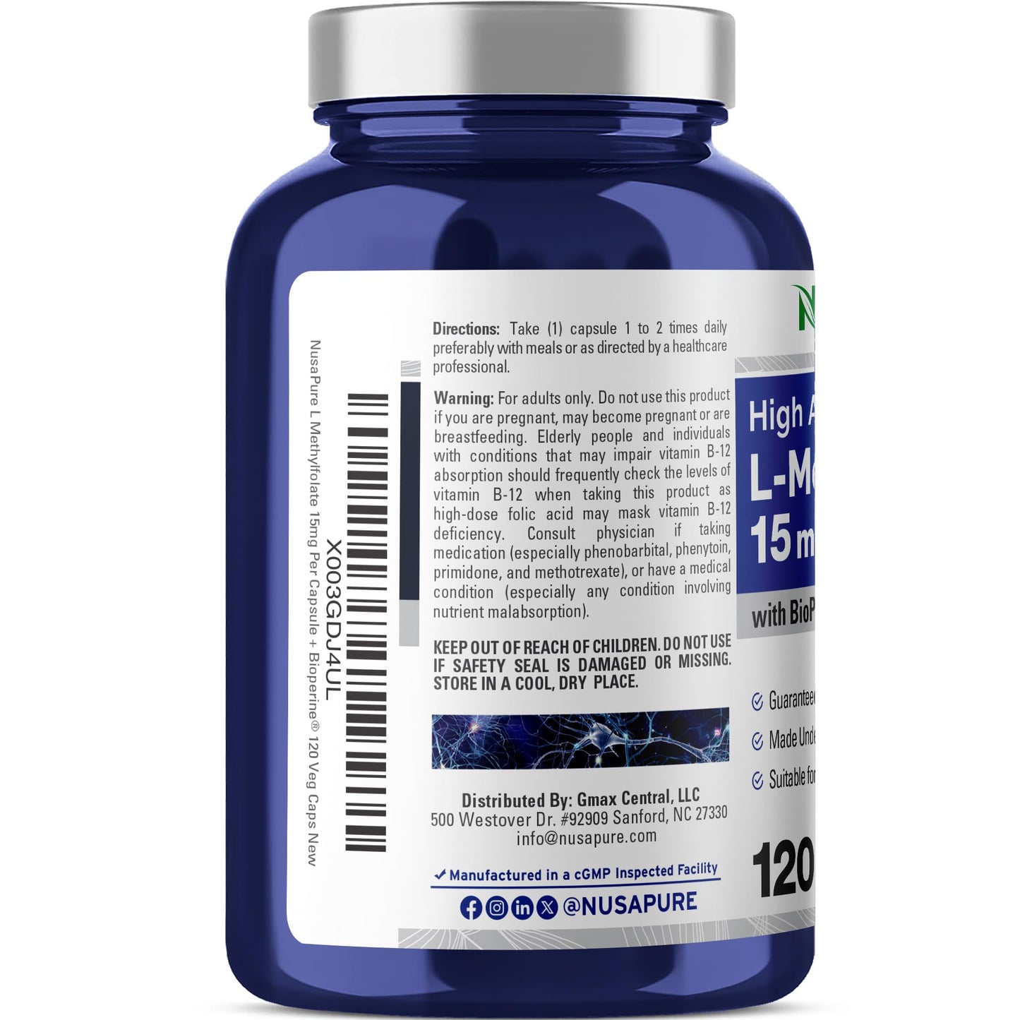 NusaPure L-Methylfolate 15mg Capsules, 120 Count