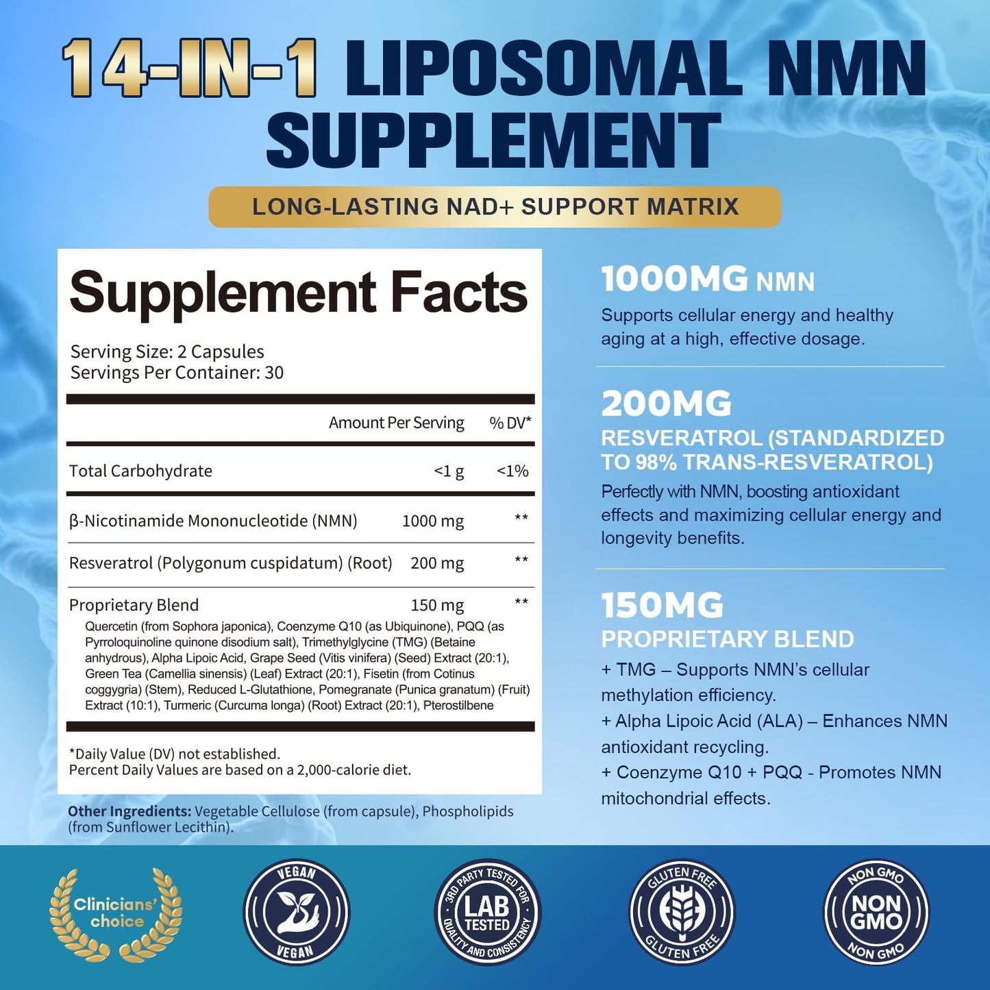 Totaria Liposomal NMN Capsule 1000mg 14-in-1 NMN Resveratrol Complex with CoQ10, TMG, Quercetin, ALA, PQQ NAD Levels Support for Cellular Energy & Healthy Aging, 60 Capsules