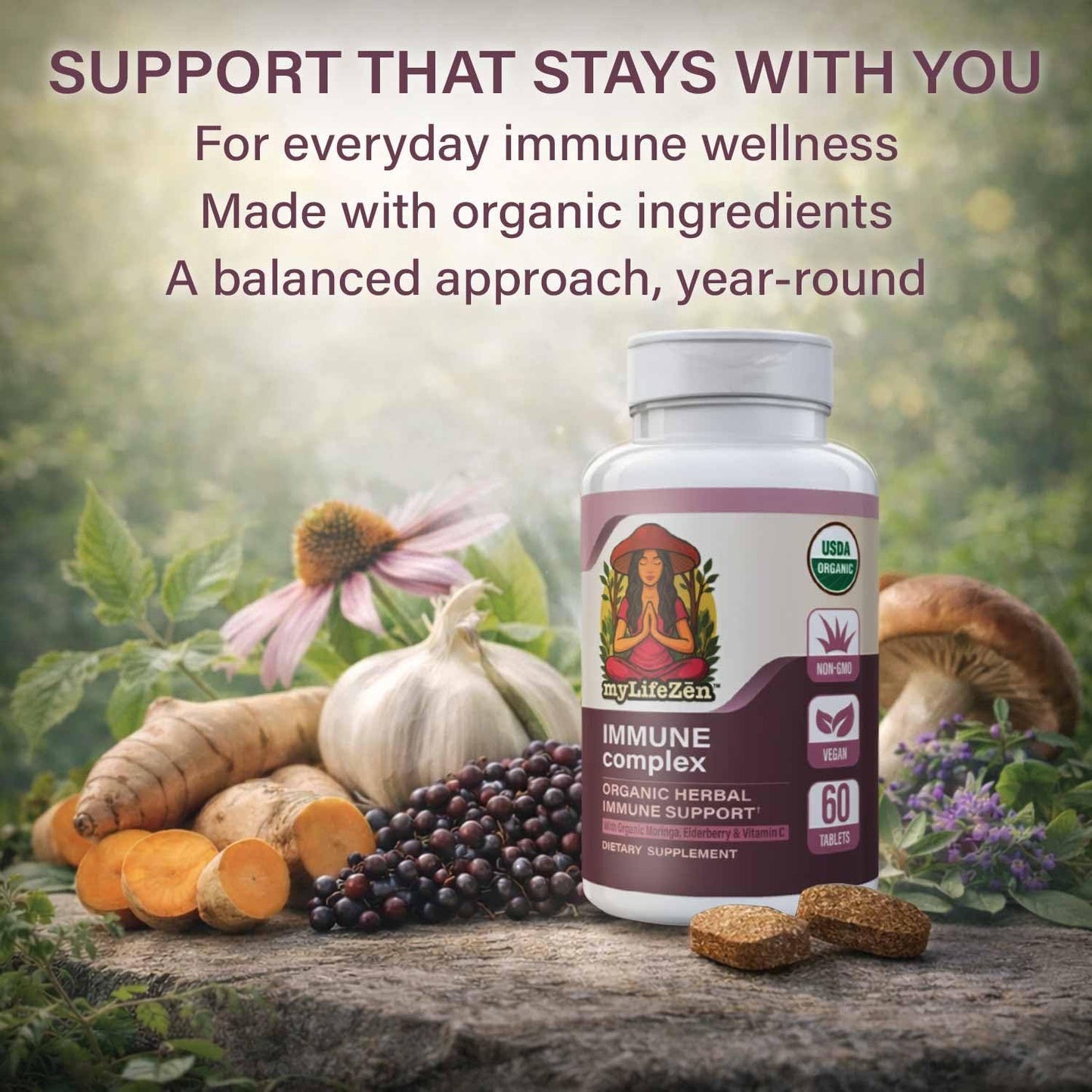 MyLifeZen Organic Immune Complex – Certified Organic Elderberry, Astragalus, Moringa, Ginger, Oregano & Acerola Vitamin C – 60 Tablets