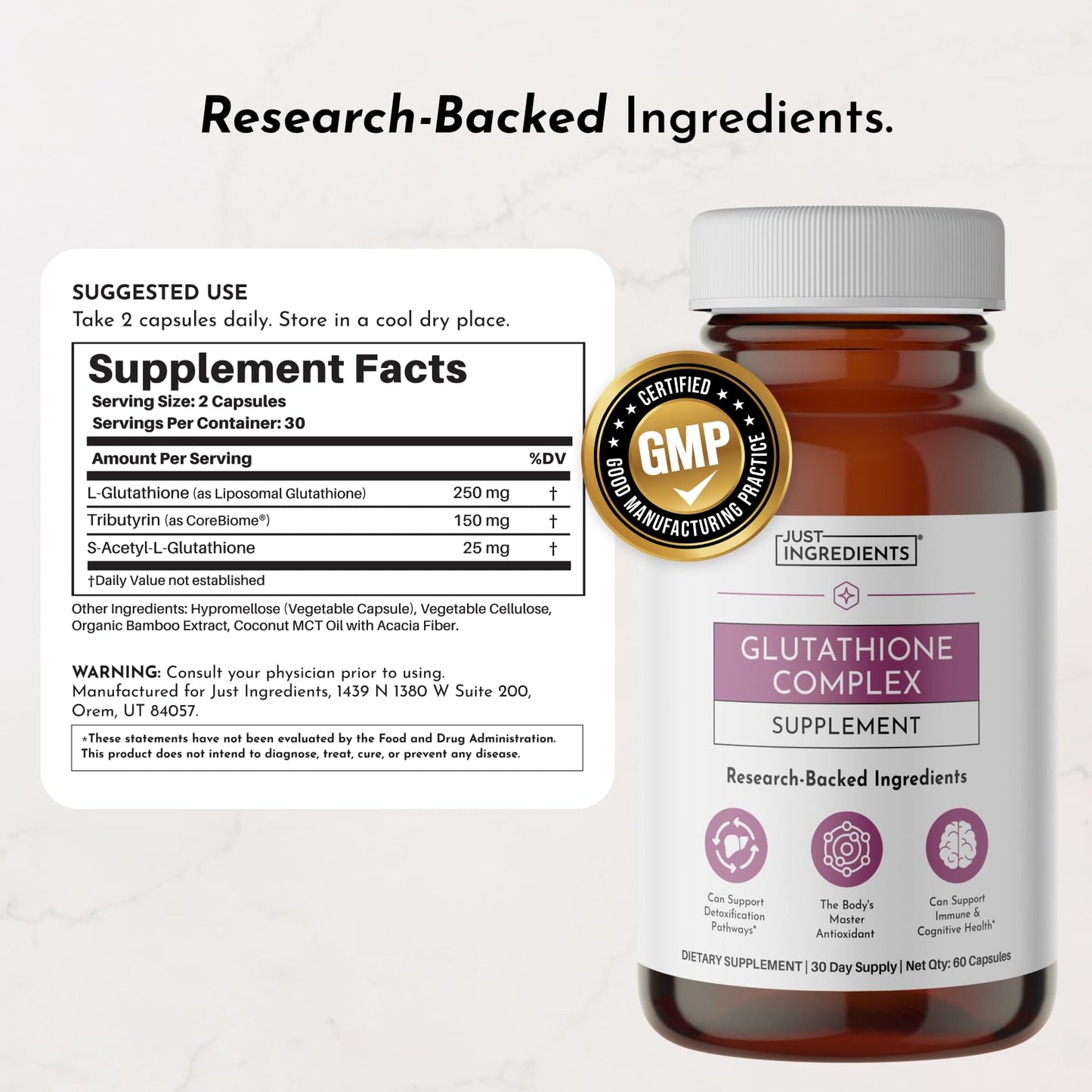 JUST INGREDIENTS Glutathione Complex - Liposomal, S-Acetyl-L-Glutathione, Tributyrin Capsules 60