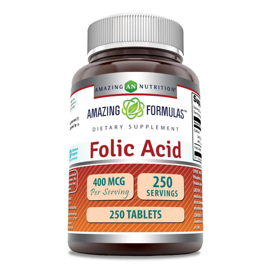 Amazing Nutrition Folic Acid (Vitamin B9) 400 mcg Tablets, 250 Count