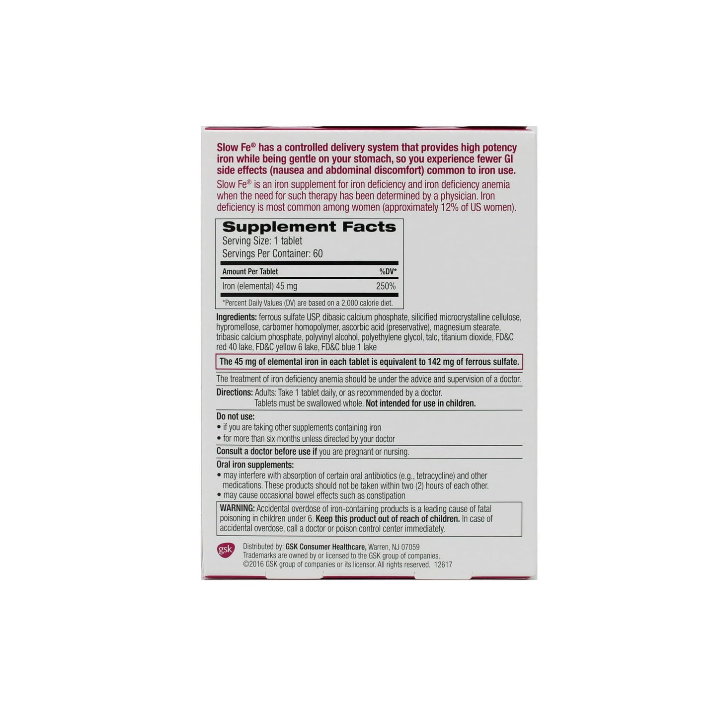 Slow Fe High Potency Iron 45 mg Slow Release Tablets, 180 Tablets