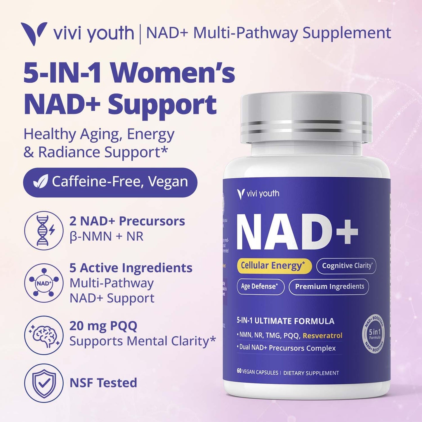VIVI Youth NAD+ Supplements for Women Multi-Pathway NAD Booster Capsule 60 Count