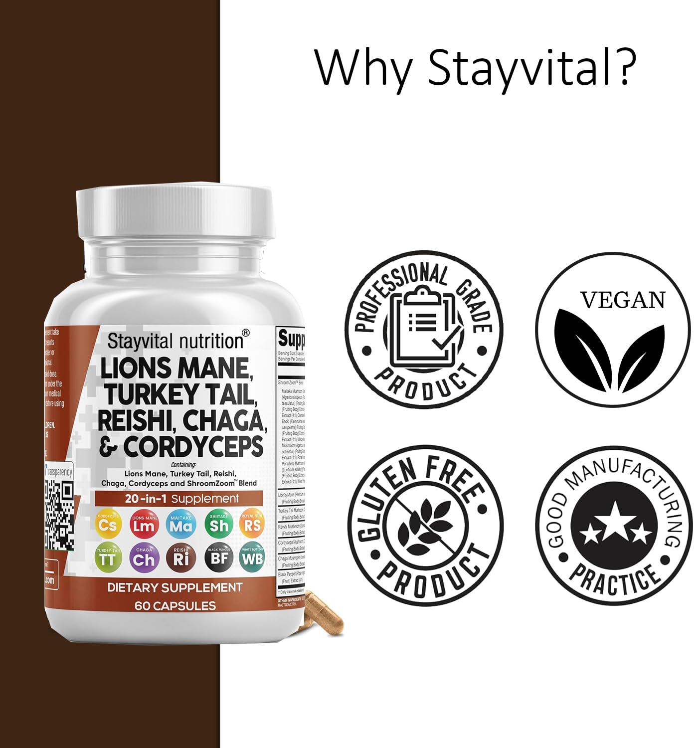 Stayvital Nutrition Organic Mushroom 20-in-1 Supplement 1200mg Vegan Capsules, 60 Capsules