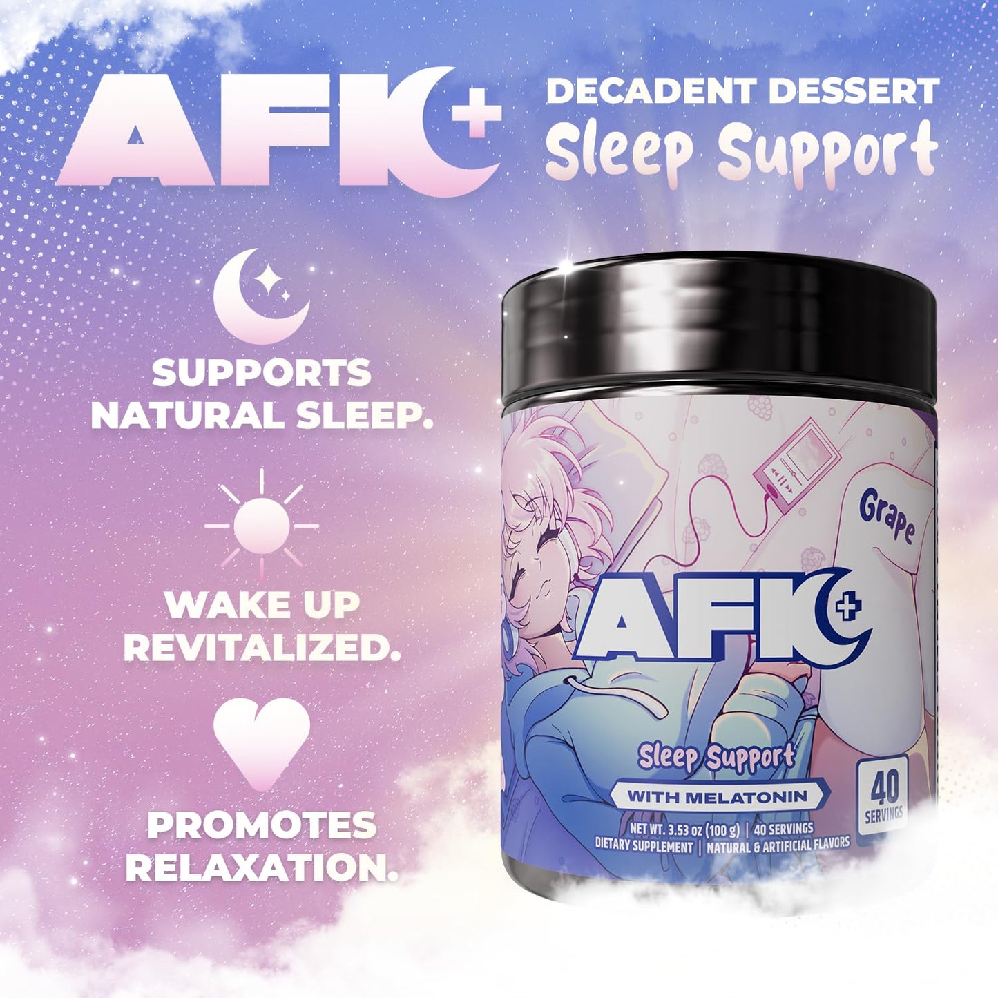 Gamer Supps AFK+® (with Melatonin): Grape Sleep Support Powder, 3.53 oz