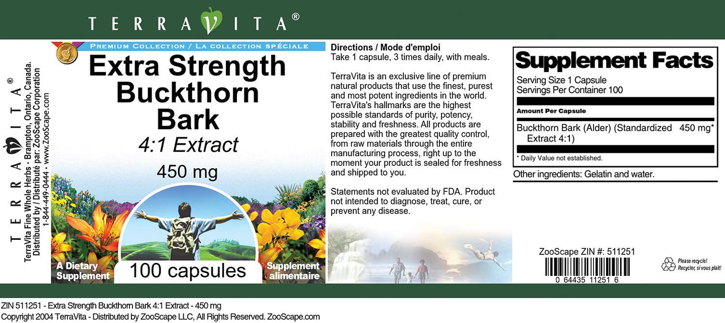 Terravita Buckthorn Bark 4:1 Extract 450 mg Capsules, 200 Count