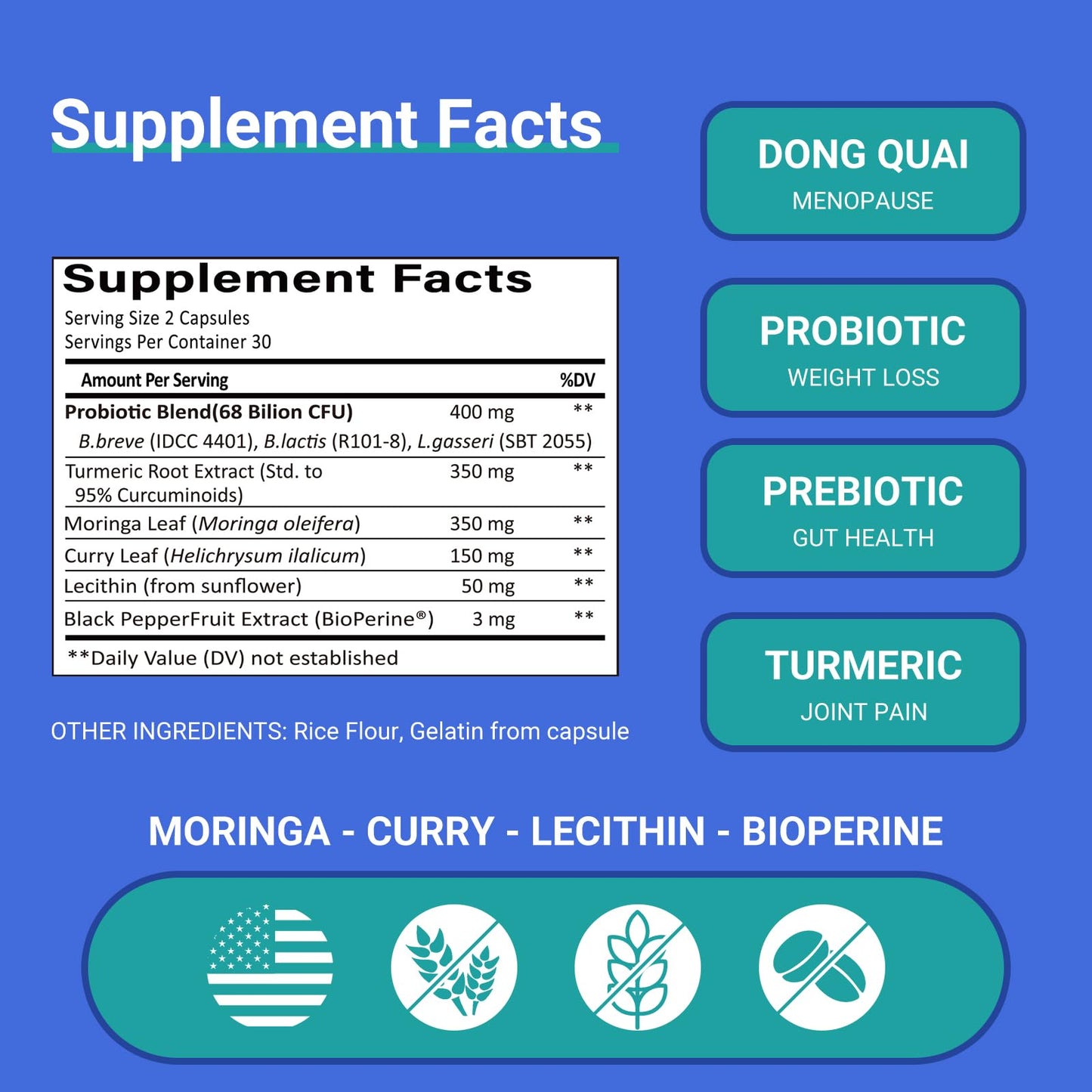 Ruolai ProBalance Probiotics for Women 68B CFU – Menopause, Bloat & Belly Support – Turmeric & Moringa – Digestive & Joint Health Capsules, 60 Count