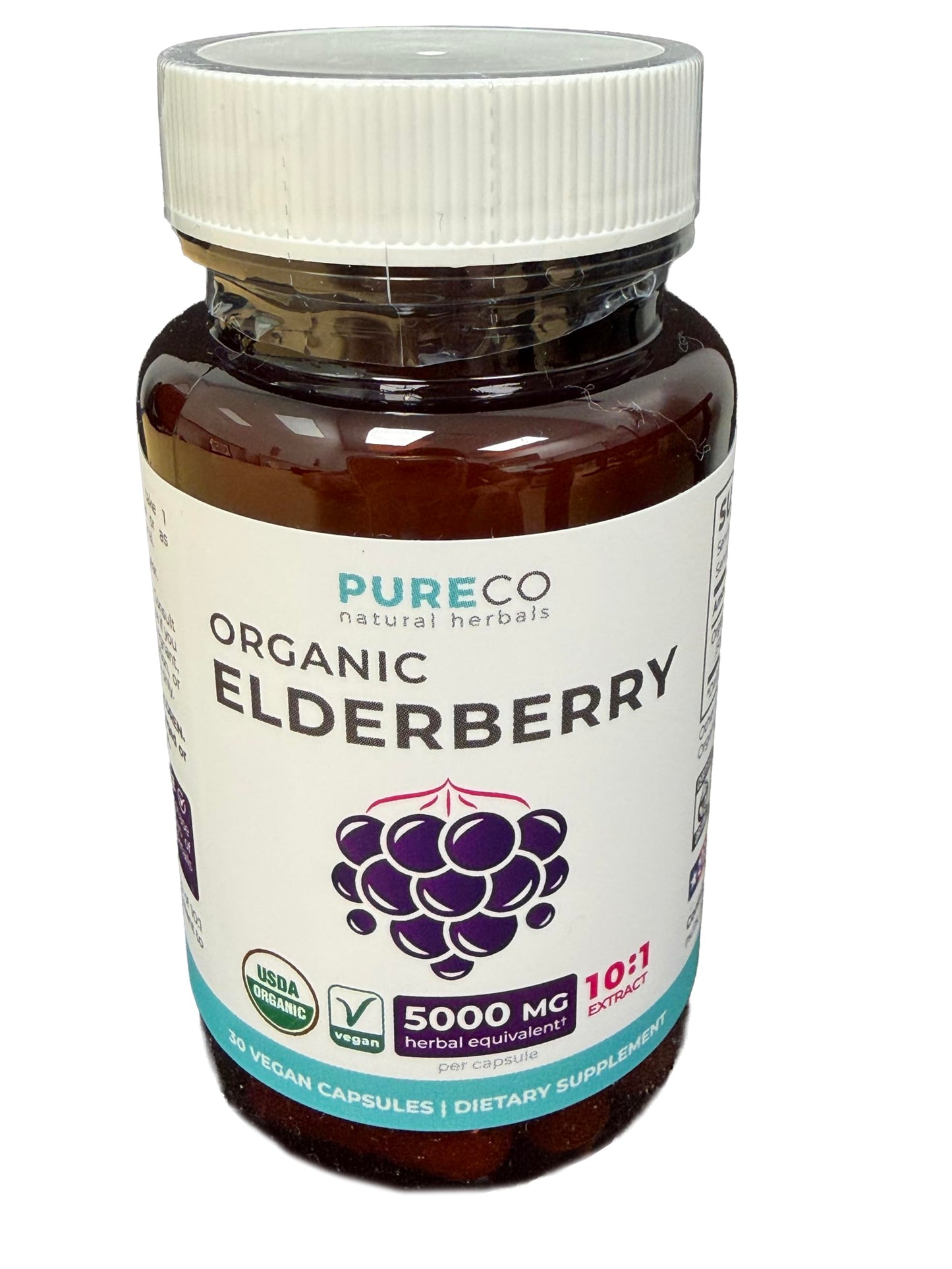 PURE CO Organic Elderberry 10:1 Extract 500mg per Capsule, Vegan Black Elderberry Supplement for Immune Support, Sambucus Nigra, 30 Capsules