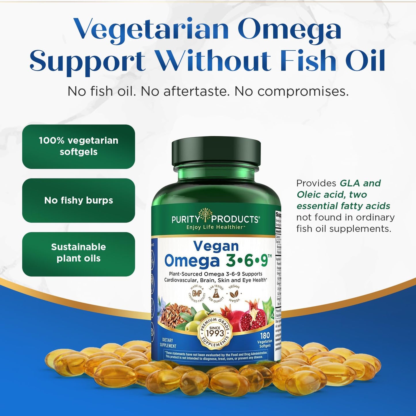 Purity Products Vegan Omega-3-6-9 Formula Essential Fatty Acid Complex Softgels 180 Count
