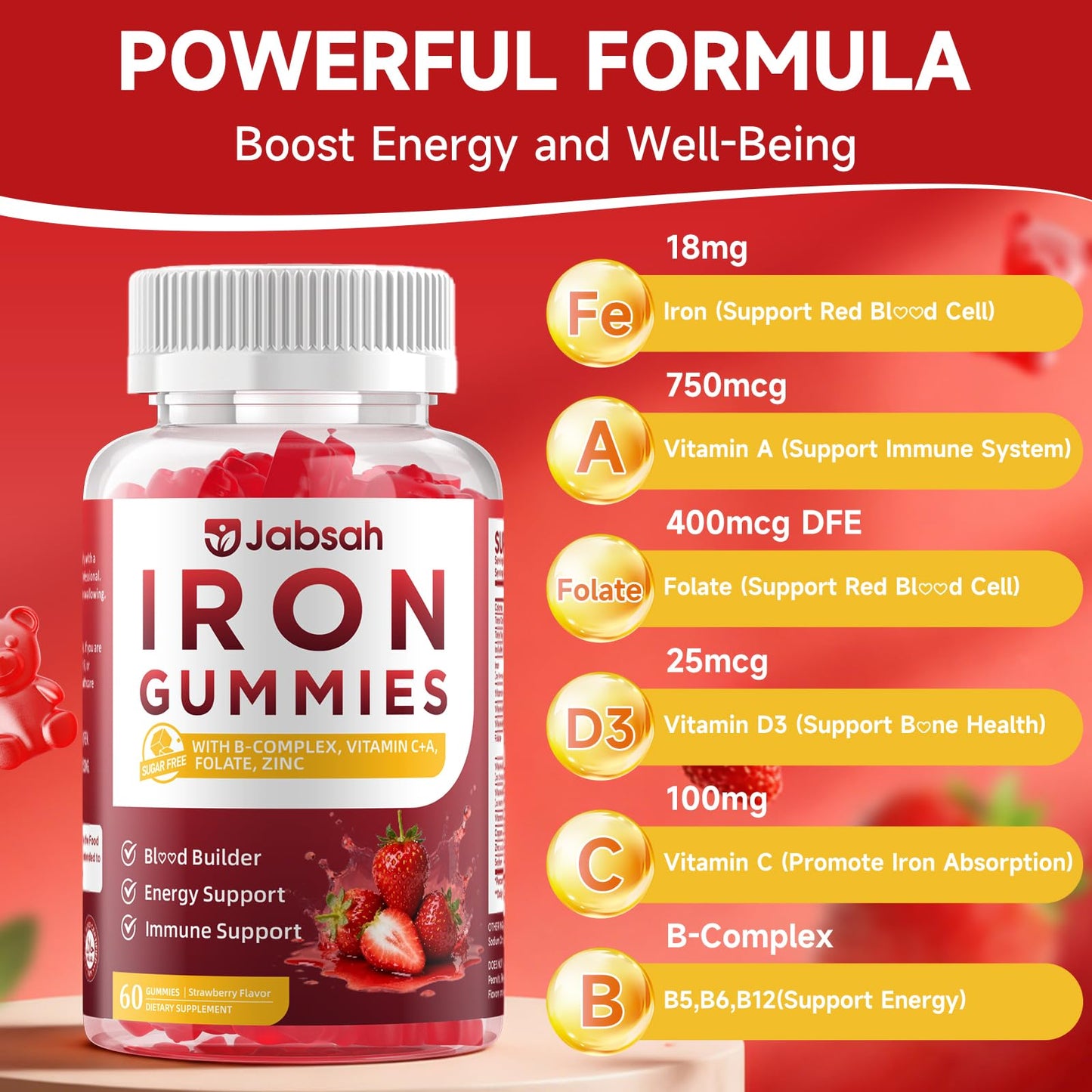 Jabsah Vegan Iron Gummies for Adults & Kids - Iron Mineral Supplement with B-Complex, Vitamin C, Vitamin A, Folate - Strawberry Flavor, 60 Gummies