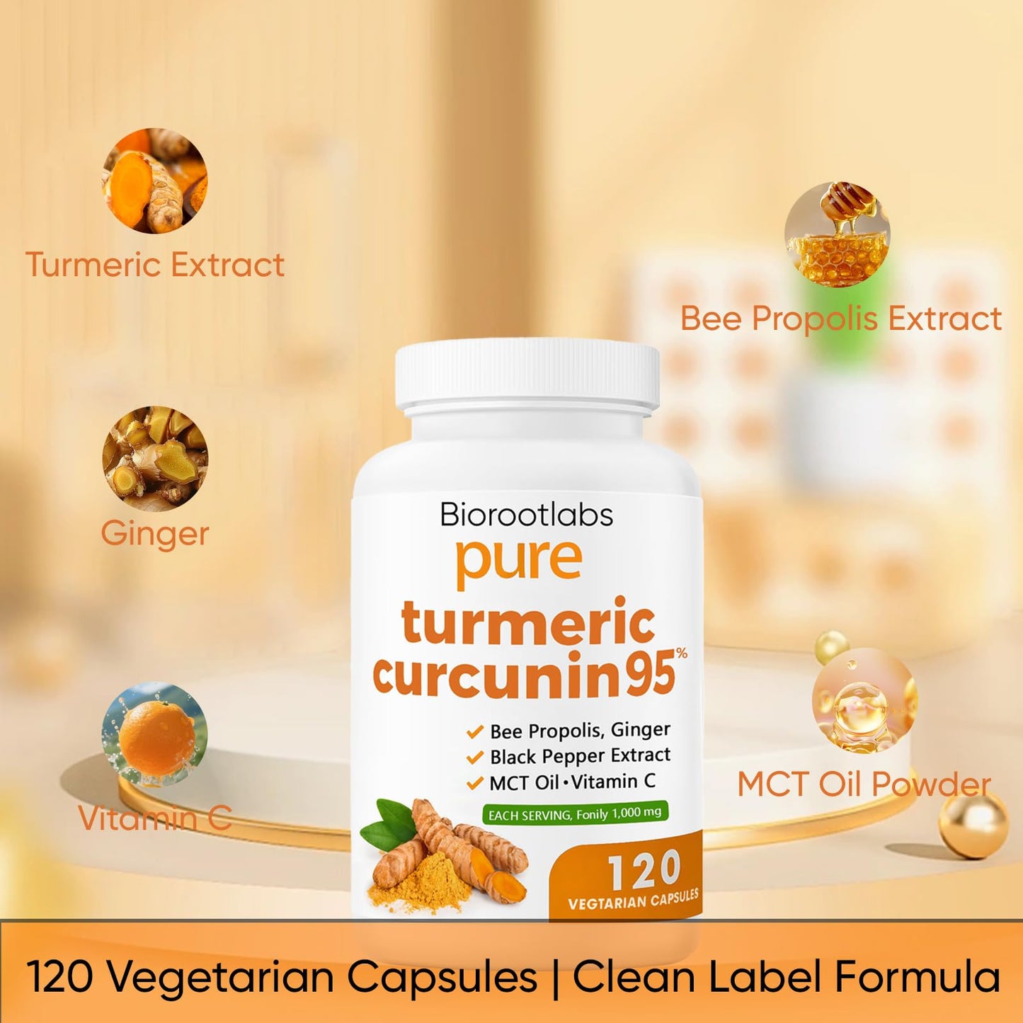 TOGOLIUN Turmeric Curcumin Supplement 1000mg – 95% Curcuminoids with Ginger, Bee Propolis, Black Pepper, MCT Oil – High Absorption Formula for Wellness & Immune Support, 120 Capsules