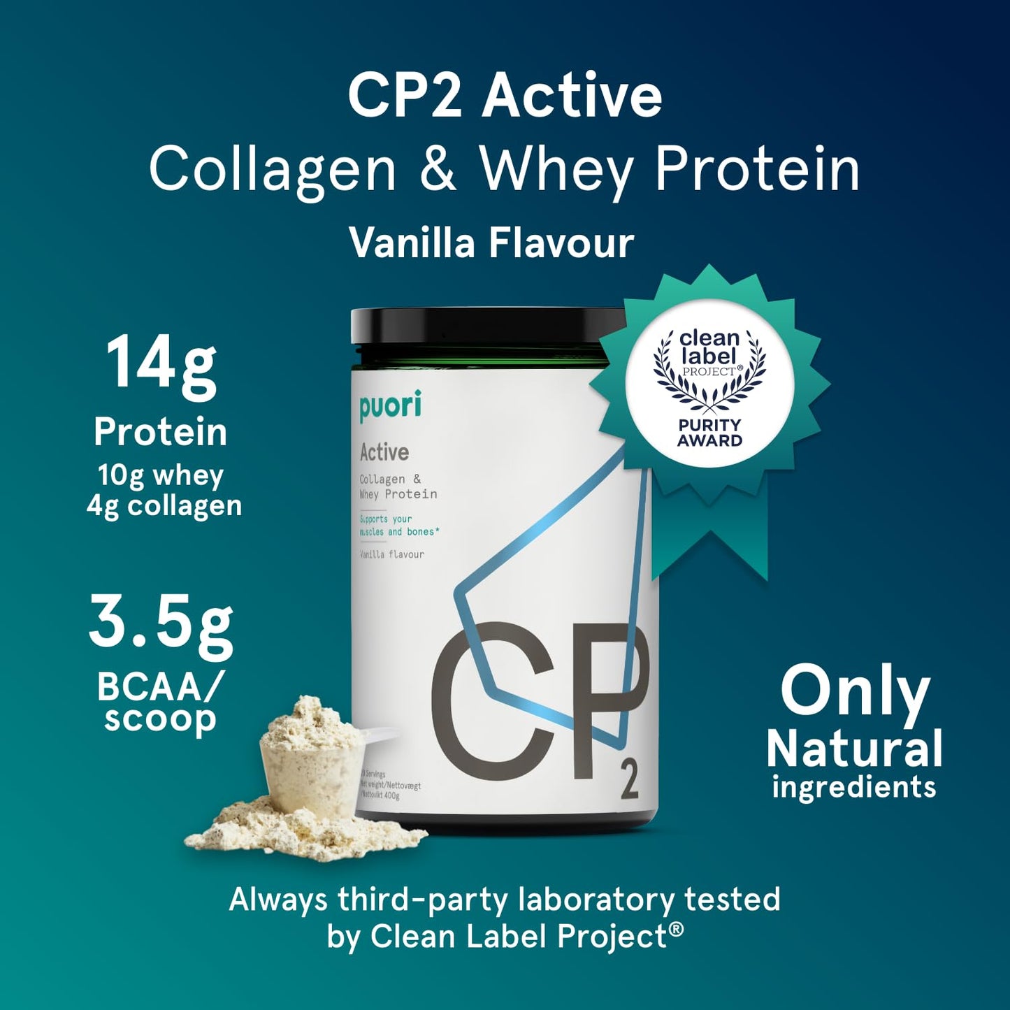 Puori Whey Protein Powder with Collagen, CP2 Active, Pasture Raised, Grass-Fed & Non-GMO, 14.1 oz