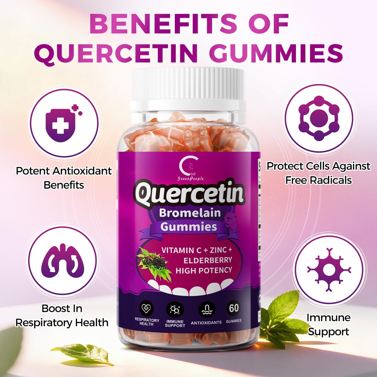 GPGP GreenPeople Quercetin with Bromelain, Vitamin C, Zinc & Elderberry Gummies, 120 Count
