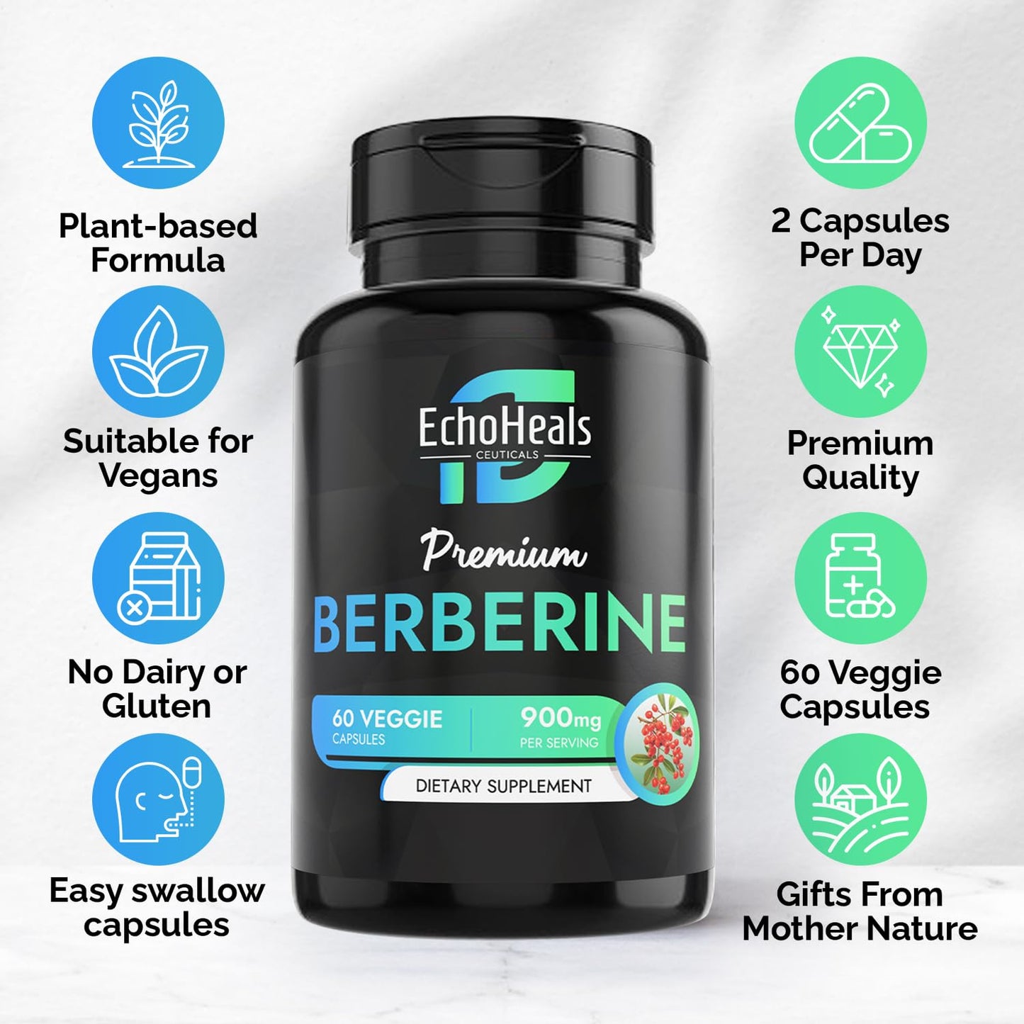 EchoHeals CEUTICALS Berberine Supplement Capsules, 60 Count