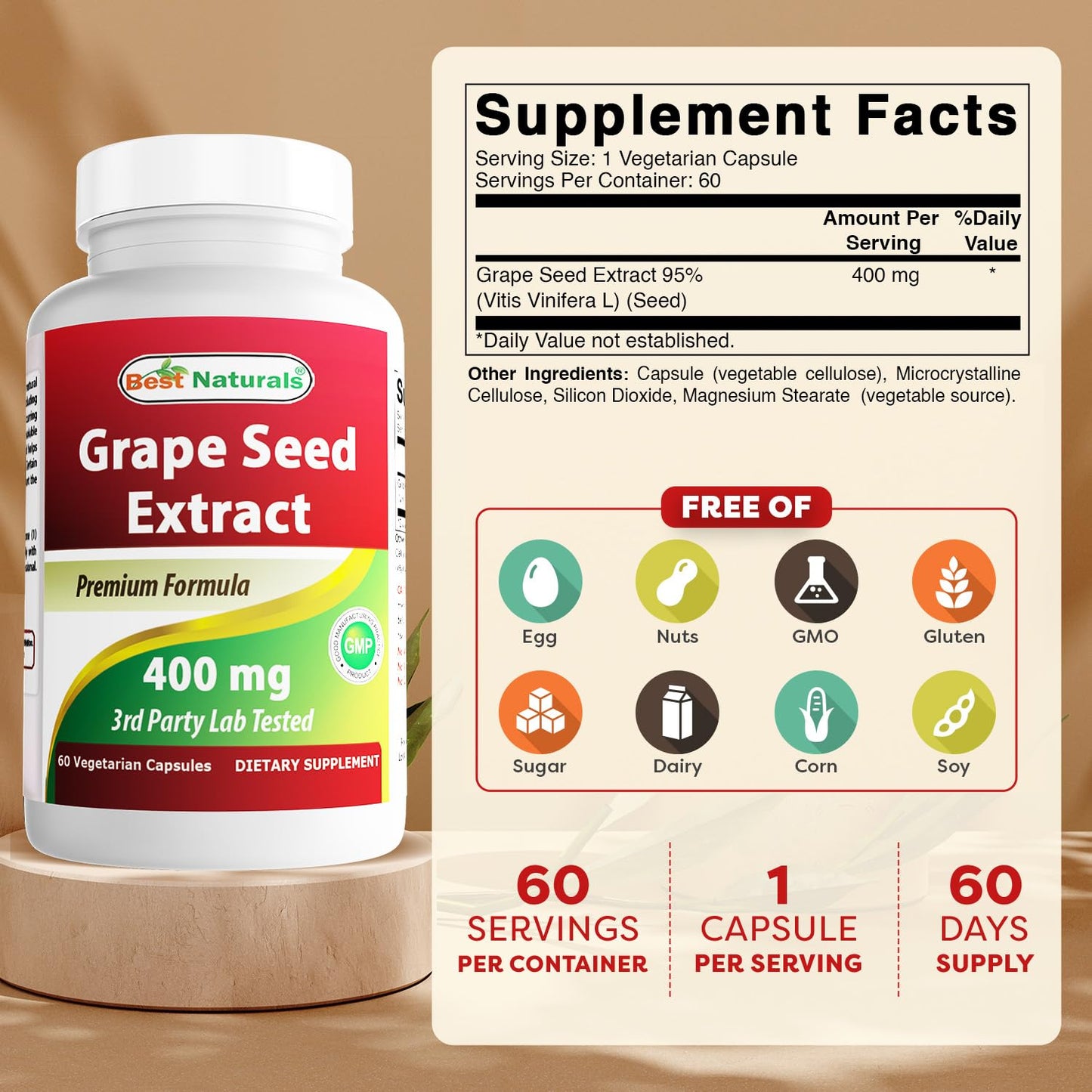 Best Naturals Grape Seed Extract 400 mg Capsules, 120 Count