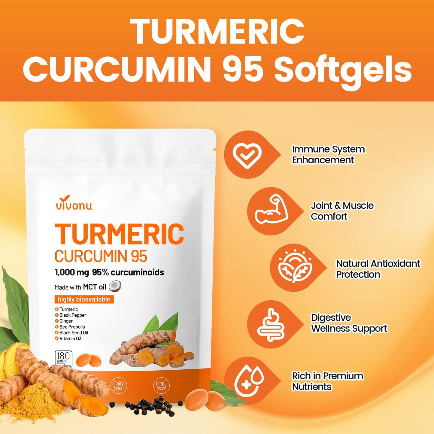 VivoNu Turmeric Curcumin Supplement with Black Pepper Softgel, 180 Count