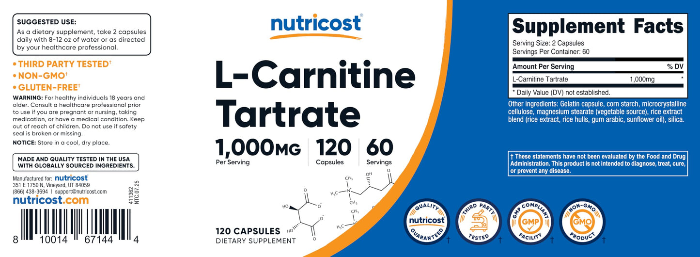 Nutricost L-Carnitine Tartrate 1000mg Capsule 120 Count
