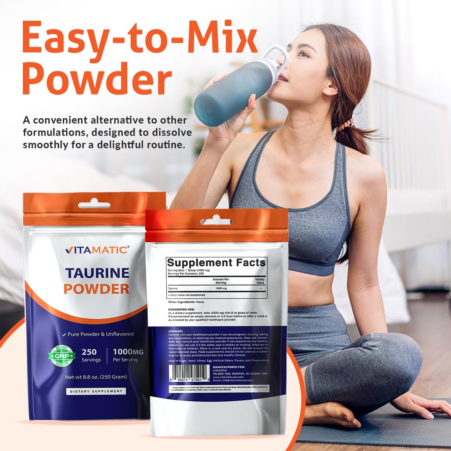 Vitamatic Pure Taurine 1000mg Powder 8.8 oz
