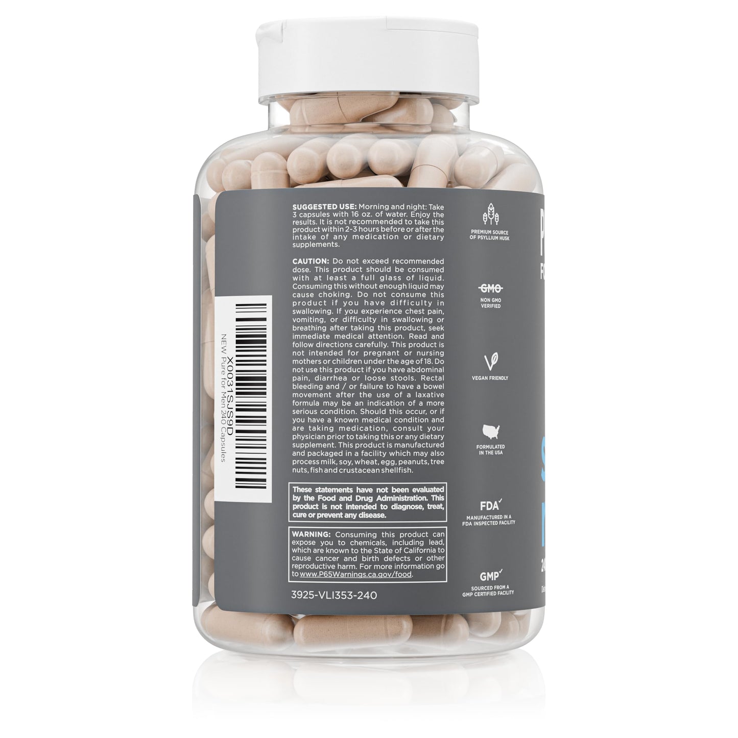 Pure for Men Stay Ready Fiber Supplement Psyllium Husk, 240 Capsules
