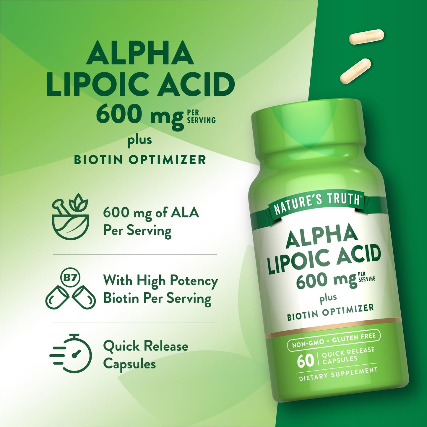 Nature's Truth Alpha Lipoic Acid 600mg Plus Biotin Optimizer Capsules, 60 Count