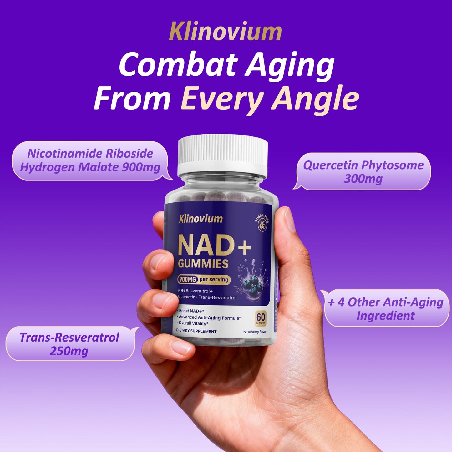 Klinovium NAD Gummies with Nicotinamide Riboside NAD+ Supplement for Women & Men with Trans-Resveratrol, Fisetin, Vitamin B2, B5, B6, Anti-Aging, Cell Regeneration & Energy, Sugar-Free, 60 Gummies