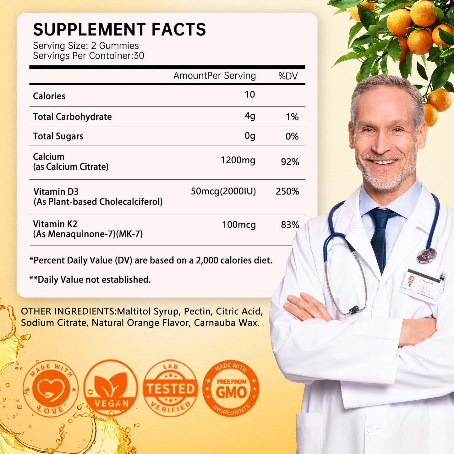 Menkru Calcium Citrate Gummies 1200 mg with Vitamin D3 and K2 for Women & Men, Natural Orange Flavor, 120 Gummies