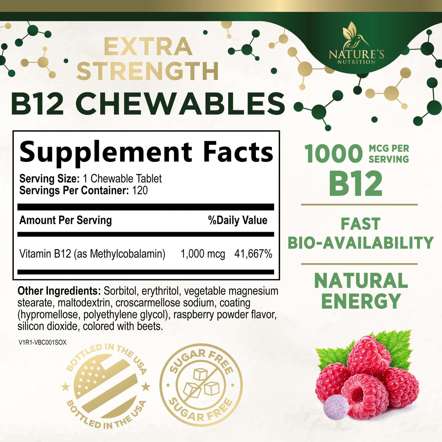 Nature's Nutrition Vitamin B12 1000 mcg Methylcobalamin Chewable Tablet, 120 Tablets