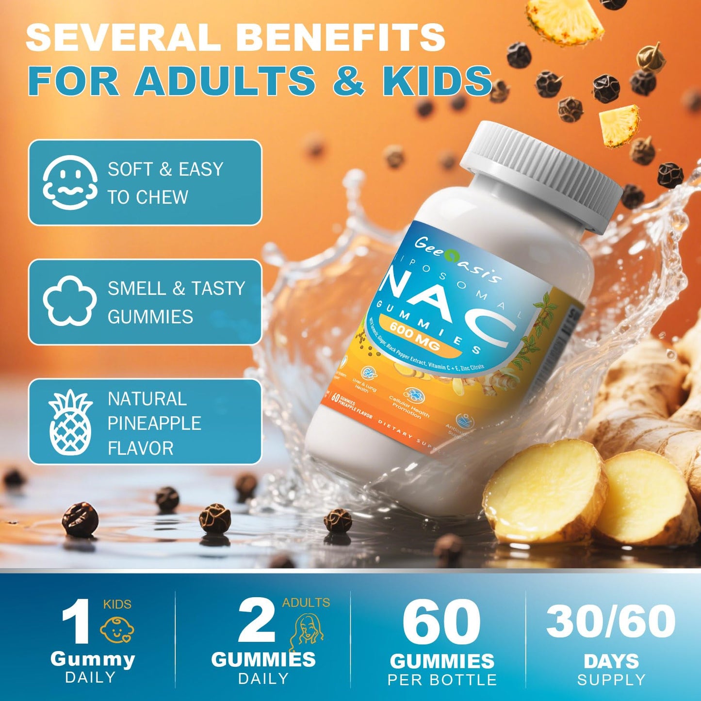 Geeoasis Liposomal NAC Gummies 600mg N-Acetyl Cysteine, Pineapple Flavor, Sugar-Free, Immune & Liver & Lung Support, with Turmeric, Ginger & Black Pepper, 60 Gummies