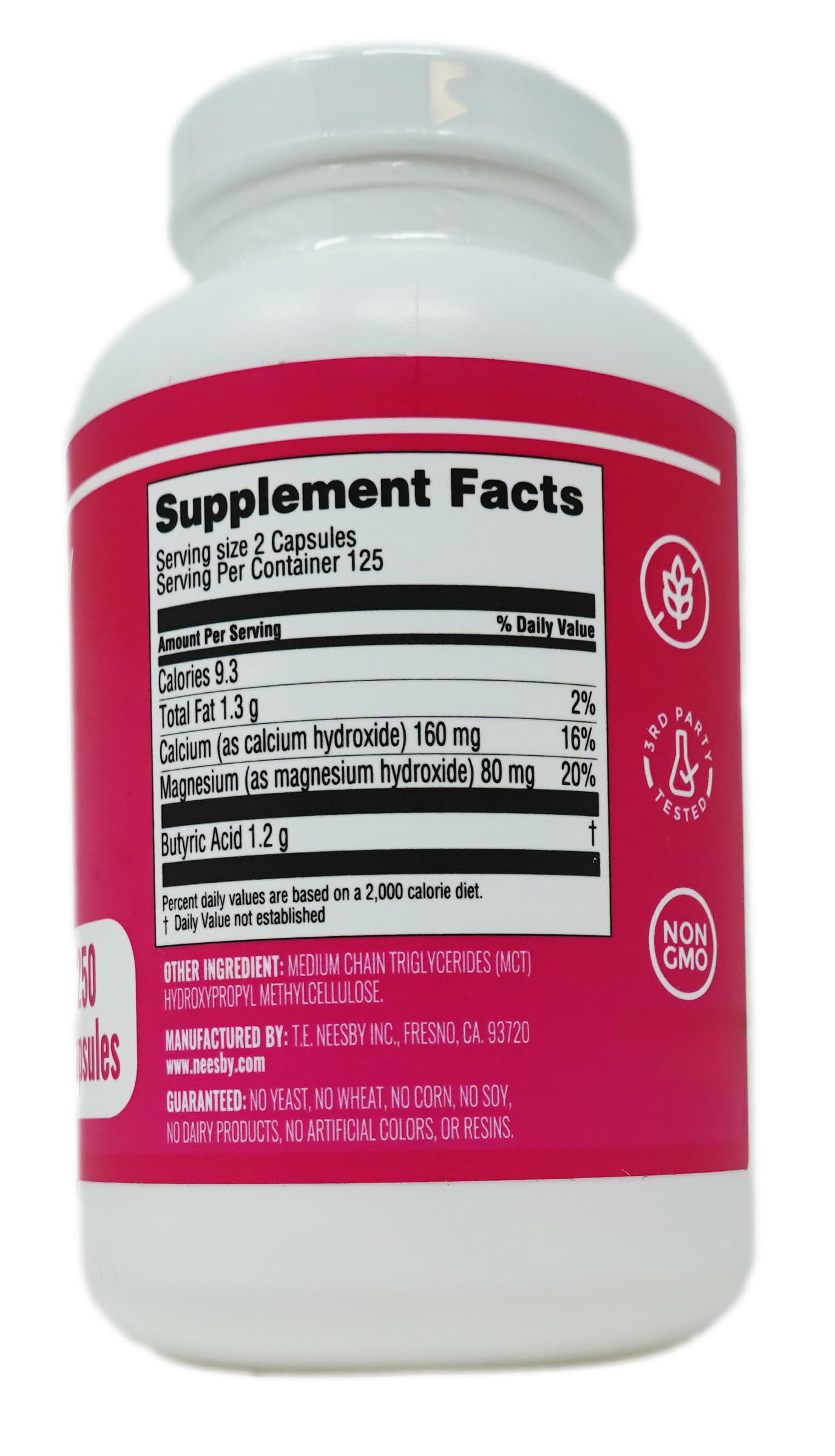 T.E.Neesby Butyrex Calcium/Magnesium Butyrate Complex Capsules 250 Count