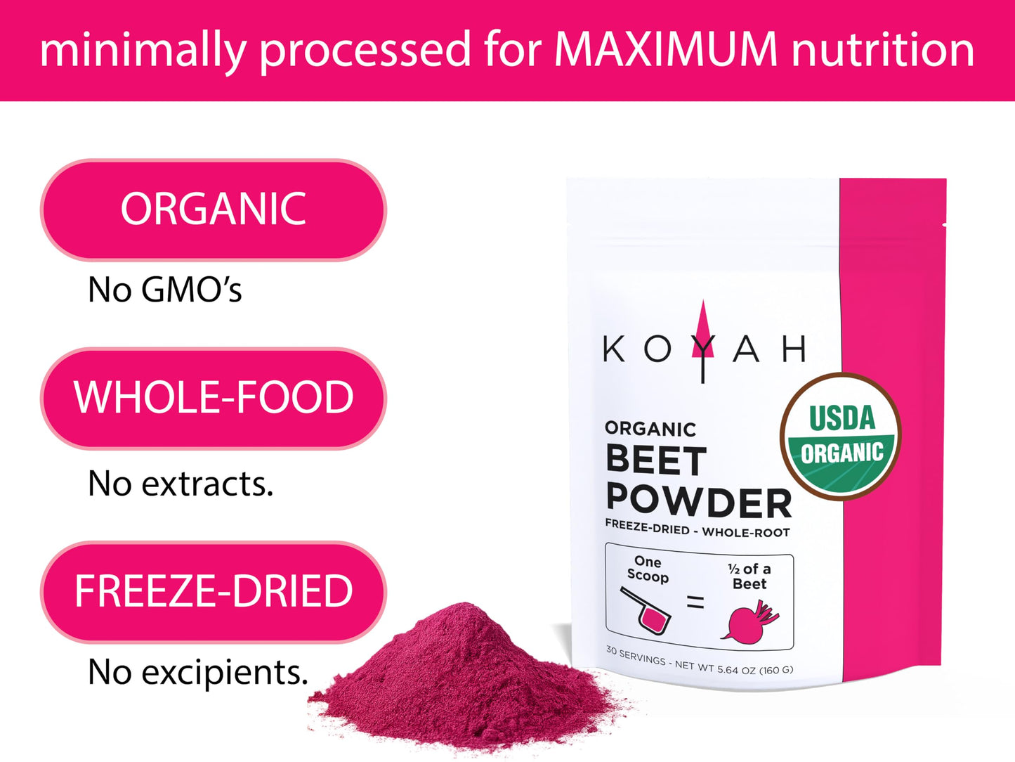 KOYAH Organic Beet Powder, Freeze-Dried, 5.64 Ounces