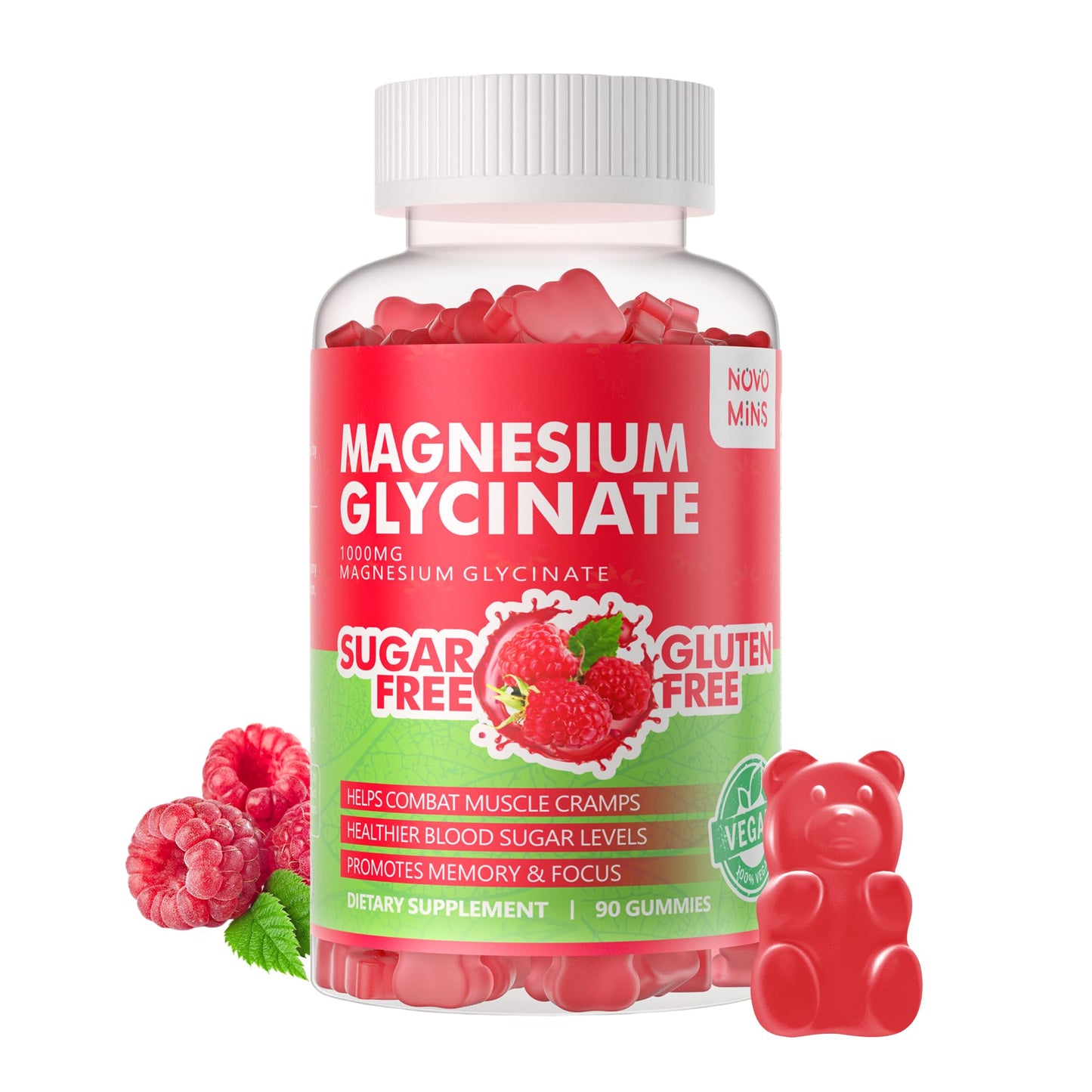 Novomins Magnesium Glycinate Gummies 1000mg, Sugar Free Magnesium Potassium Supplement with Vitamin D, B6, CoQ10 for Calm Mood & Sleep Support, Raspberry, 90 Gummies
