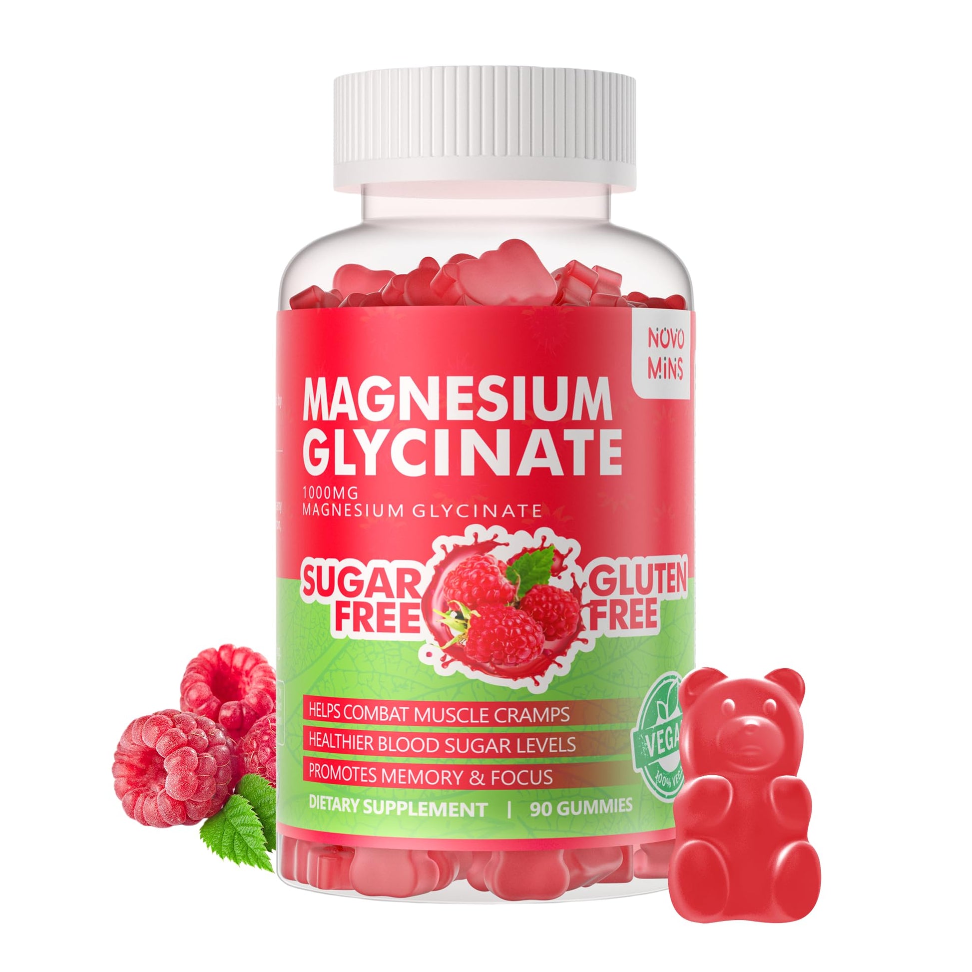 Novomins Magnesium Glycinate Gummies 1000mg, Sugar Free Magnesium Potassium Supplement with Vitamin D, B6, CoQ10 for Calm Mood & Sleep Support, Raspberry, 90 Gummies