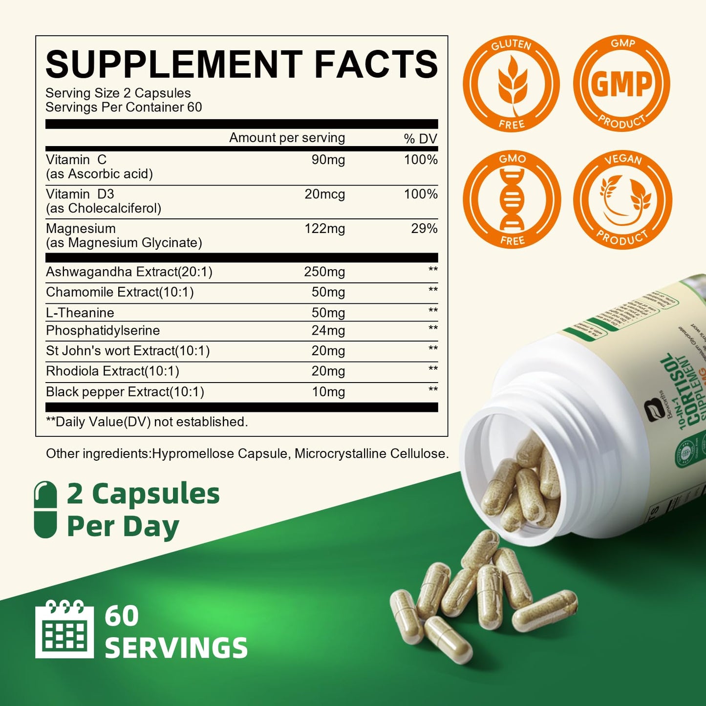 B BEWORTHS Cortisol Supplements for Women Men, 10-in-1 Cortisol Detox with Ashwagandha, Magnesium, L-Theanine, Balanced Cortisol Levels, Night & Calm Support 120 Capsules