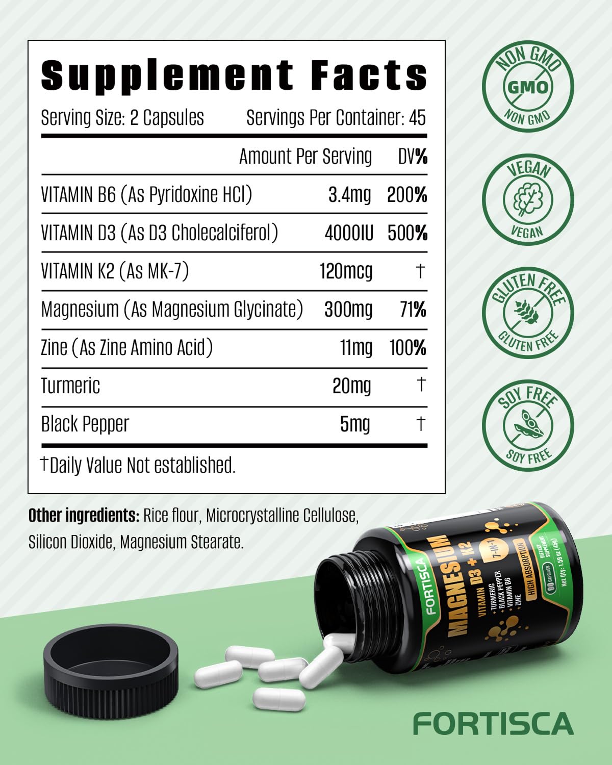 FORTISCA Magnesium Glycinate 7 in 1 4000 IU D3 K2 High Absorption Magnesium Supplement Capsules, 90 Count