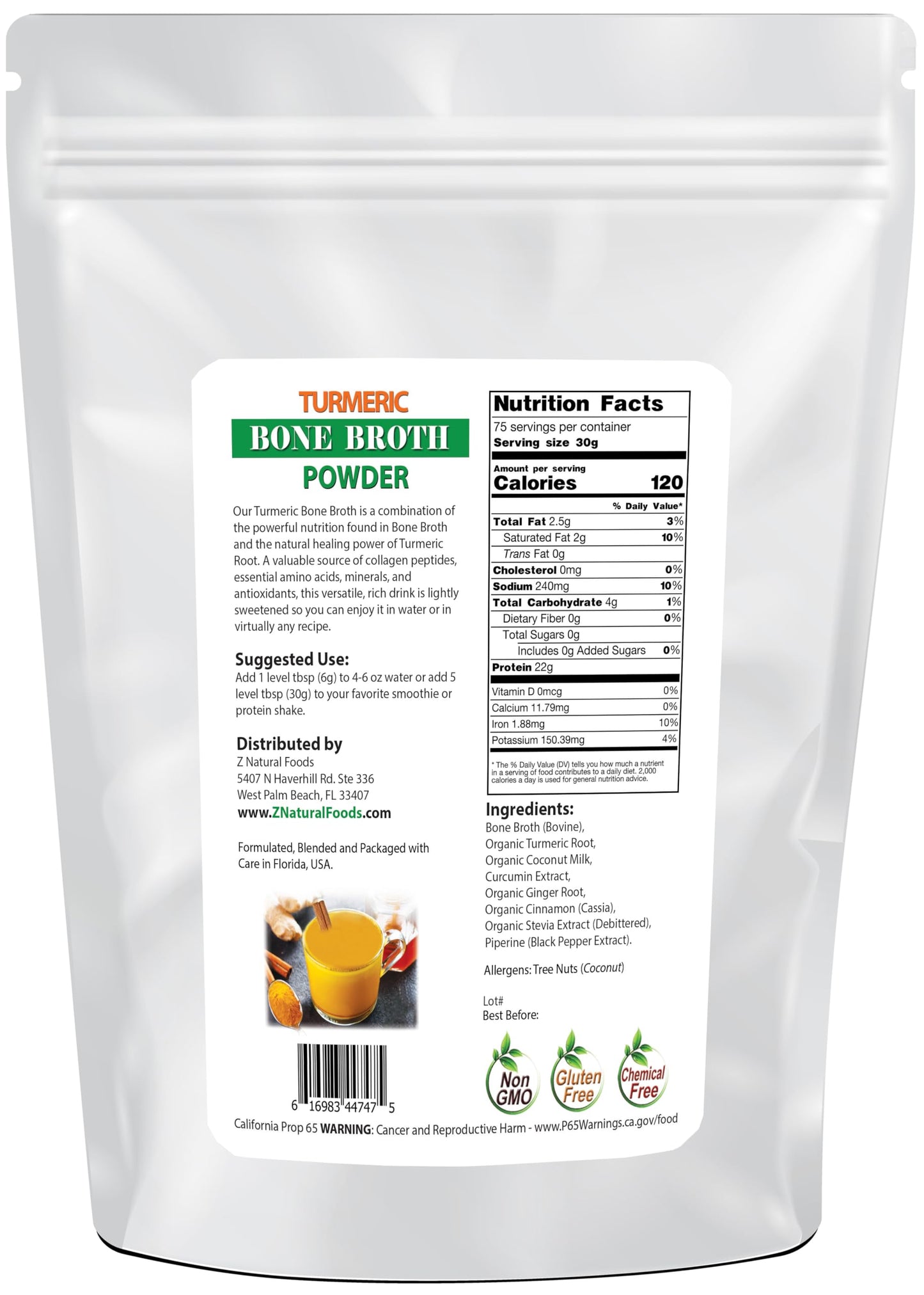 Z Natural Foods Turmeric Bone Broth Powder (Bovine) Powder, 80 oz