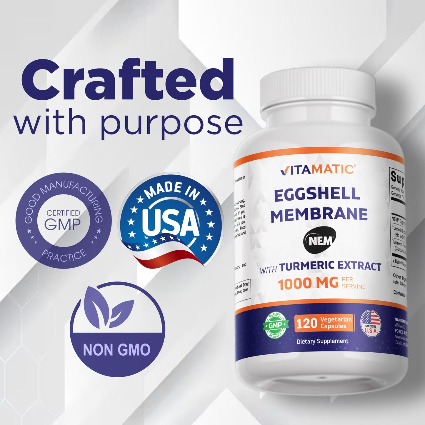 Vitamatic Eggshell Membrane (NEM) with Turmeric Extract 1000 mg Capsules, 120 Count