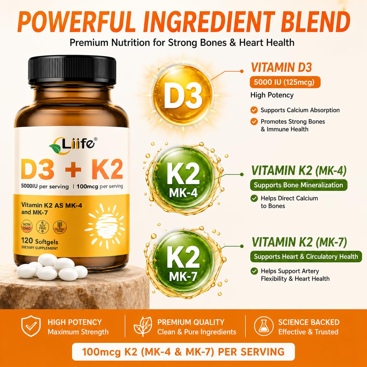 LIIFE Vitamin D3 + K2 (5000 IU D3 / 100mcg MK7 and MK4) Supplement for Immune Support, Bone & Heart Health Softgels, 240