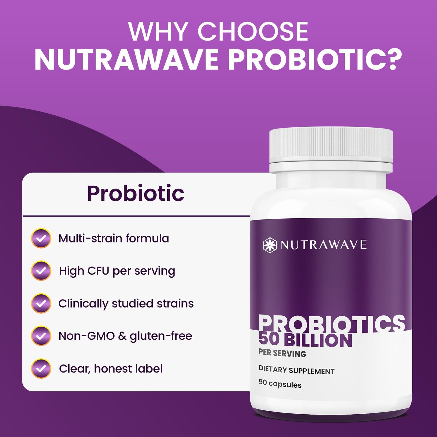 Nutra Wave 50 Billion Probiotics & Prebiotics for Women & Men – 15 Strains Active Culture – Supports Bloating, Constipation, Digestive & Gut Health – 60 Capsules