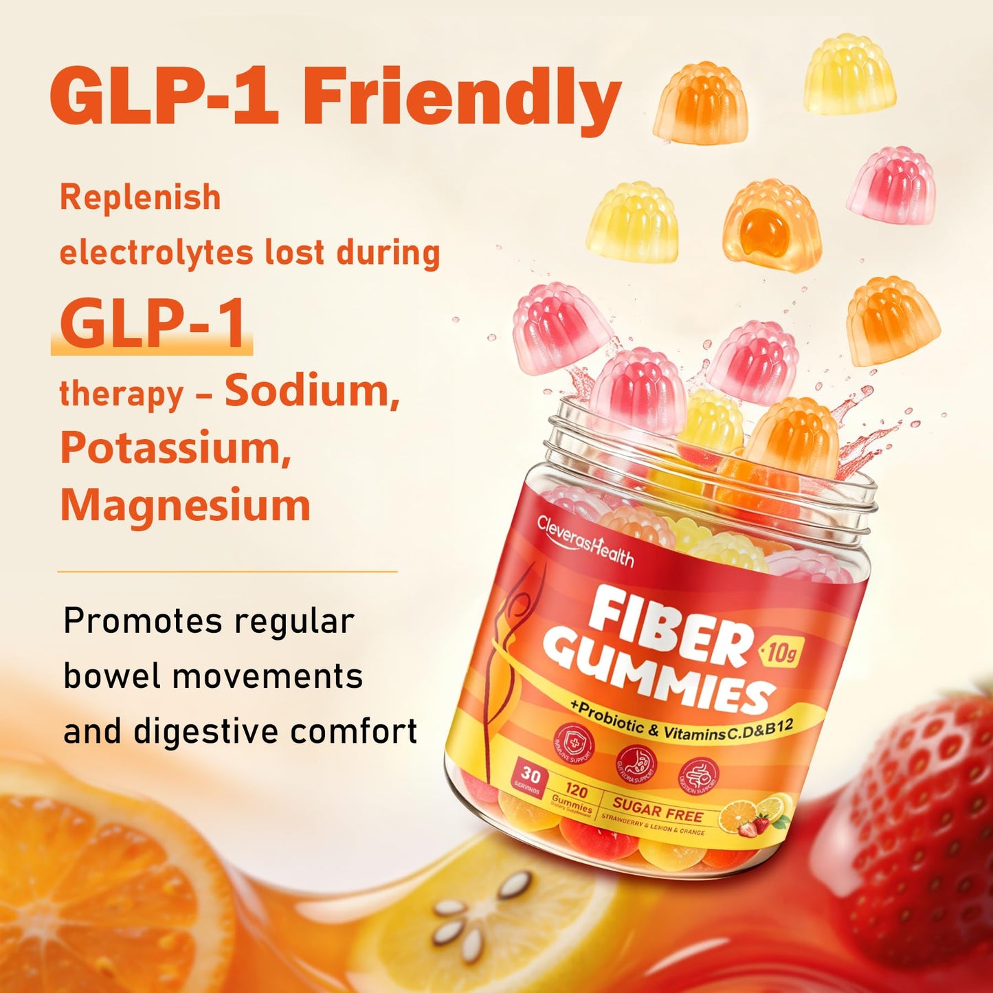 CleverasHealth 10G Fiber for Adults with 30 Billion CFU Probiotics, Vitamins C, D, B12, Electrolytes, Sugar Free, 120 Gummies